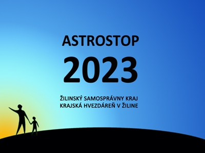 Čierne postavy na farebnom pozadí. Väčšia ukazuje menšej "oblohu" s nápisom ASTROSTOP 2023.